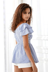 Square Neck Ruffle Sleeve Smocked Top Noflik Blue stripe S